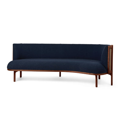 Carl Hansen & Søn RF1903R Sideways Sofa by Rikke Frost. Dark blue upholstered sofa with wooden frame and legs.