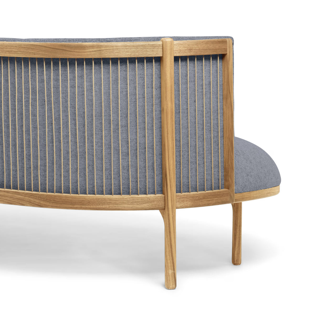 Carl Hansen & Søn RF1903R Sideways Sofa by Rikke Frost. Oak frame with blue striped upholstery and curved design.