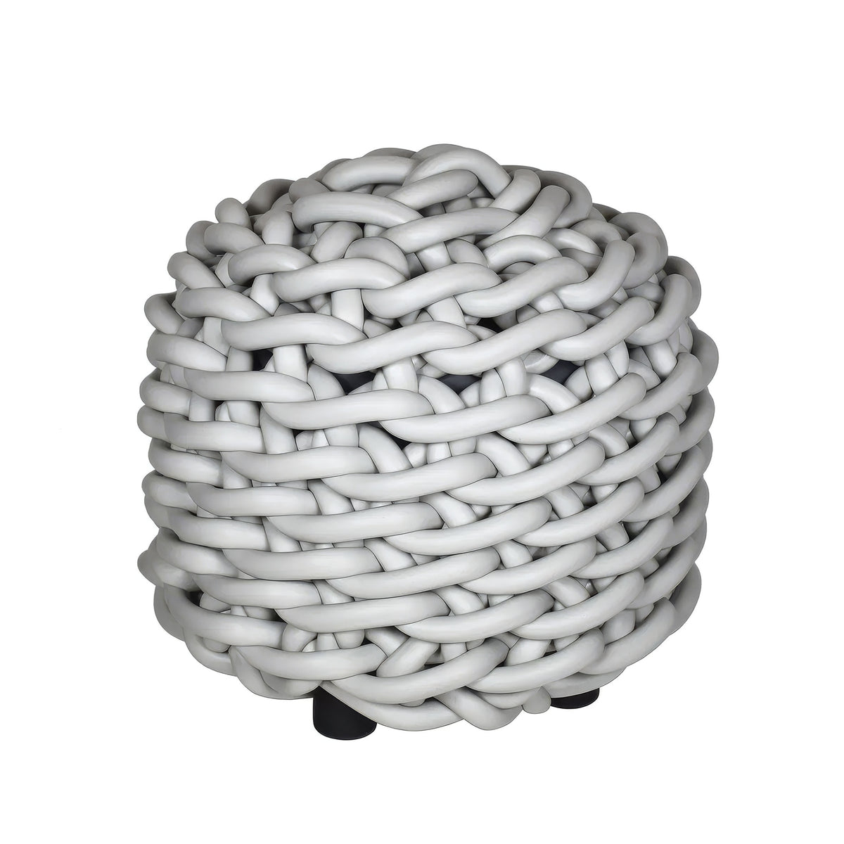 COVO Rebels 1 Pouf by Rosanna Contadini. White braided rope coiled into a compact, cylindrical bundle.