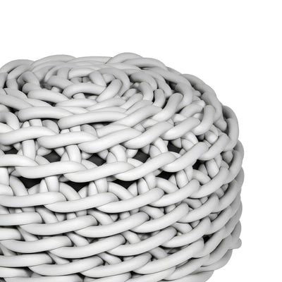 COVO Rebels 2 Pouf by Rosanna Contadini. White woven cylindrical tubes are tightly braided together in an intricate pattern.