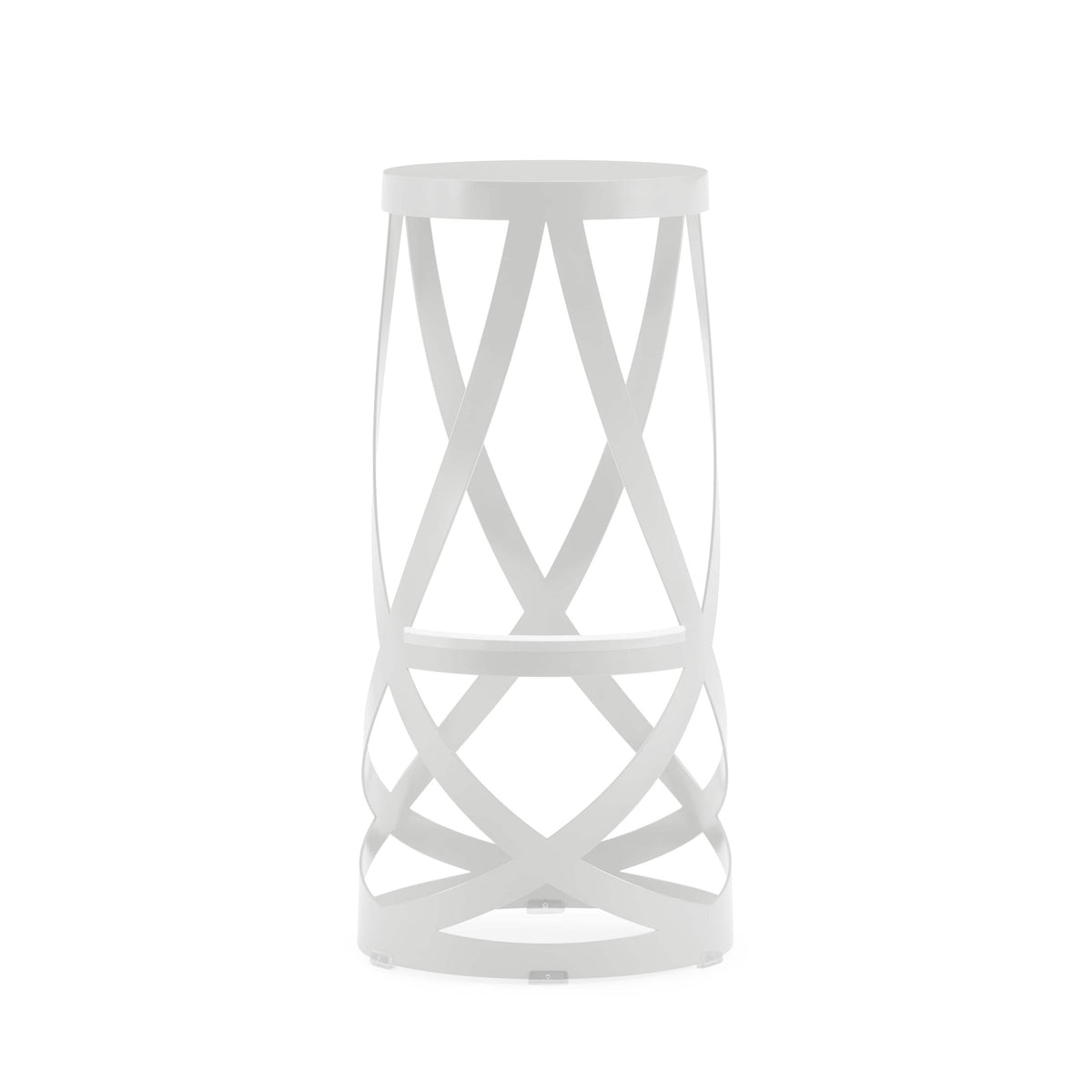 Cappellini Ribbon by Nendo. A white cylindrical table features geometric lattice pattern cutouts throughout its structure.