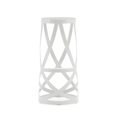 Cappellini Ribbon by Nendo. A white cylindrical table features geometric lattice pattern cutouts throughout its structure.