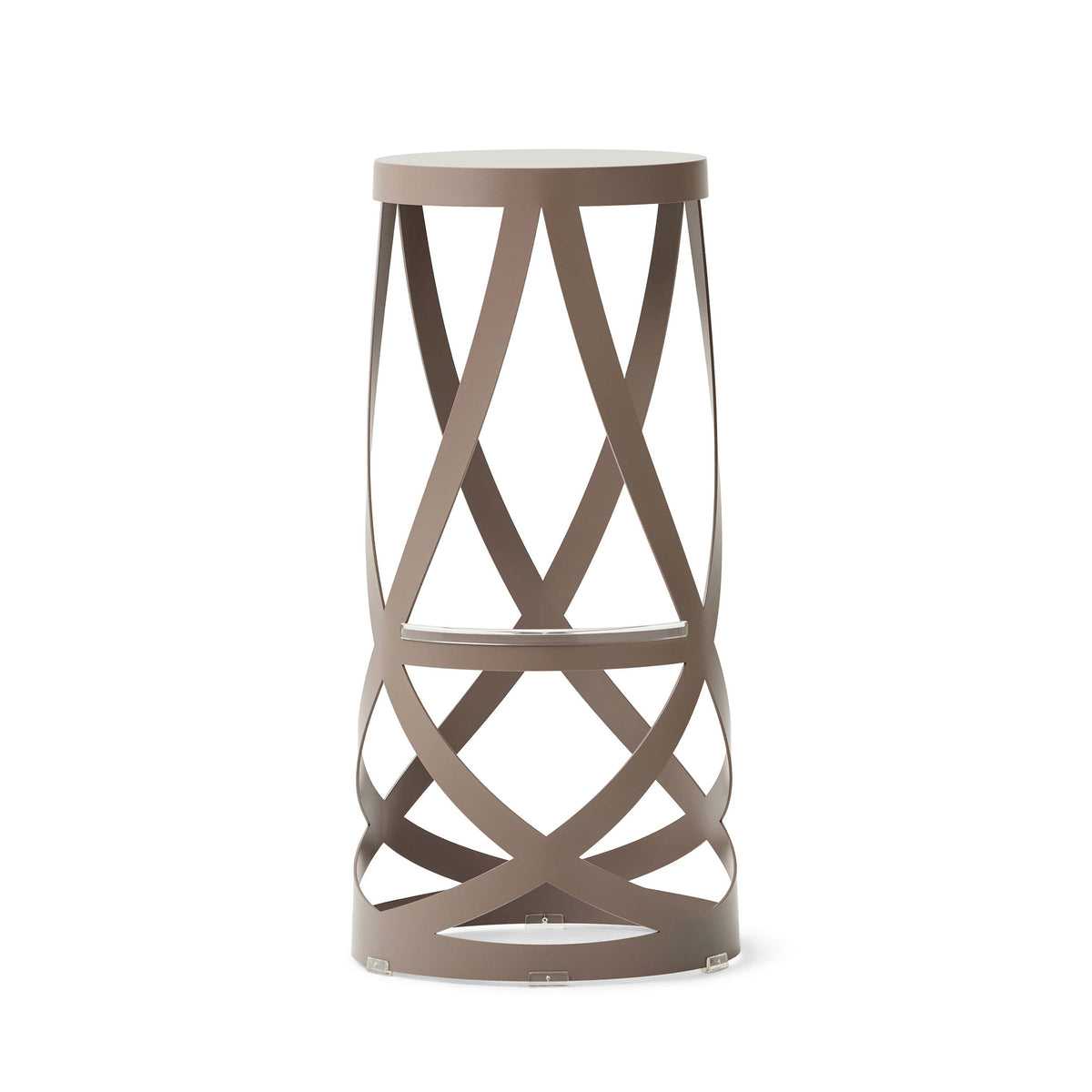 Cappellini Ribbon by Nendo. A taupe cylindrical table features geometric X-pattern cutouts throughout its frame.