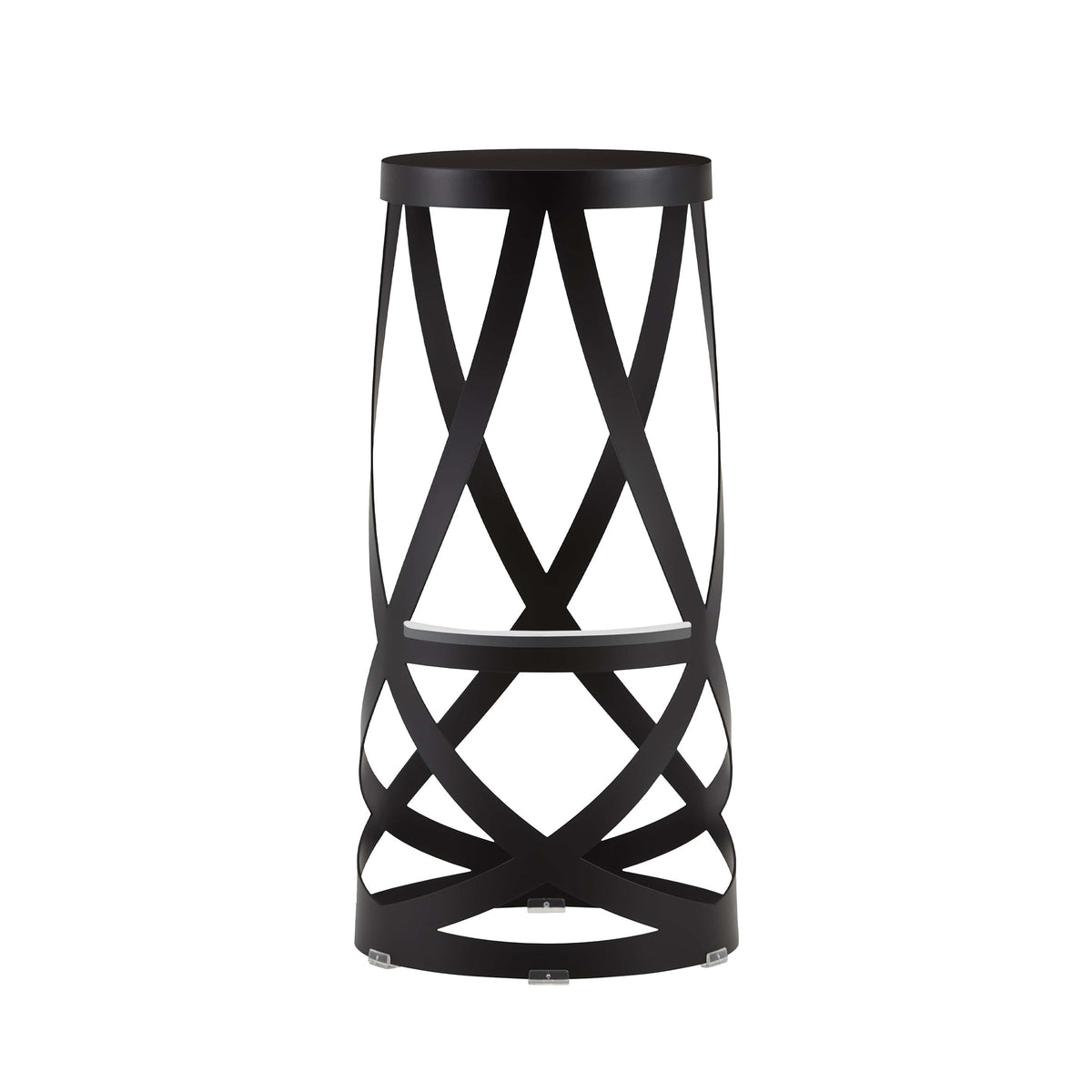 Cappellini Ribbon by Nendo. A sleek black metal cylindrical structure features interlocking X-pattern bands throughout.