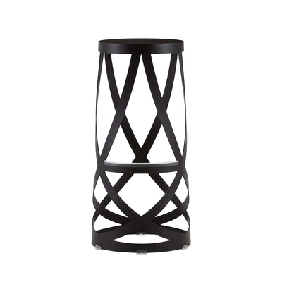 Cappellini Ribbon by Nendo. A sleek black metal cylindrical structure features interlocking X-pattern bands throughout.