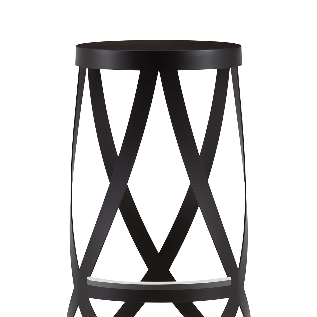 Cappellini Ribbon by Nendo. A black metal accent table features an X-pattern design with a circular top.