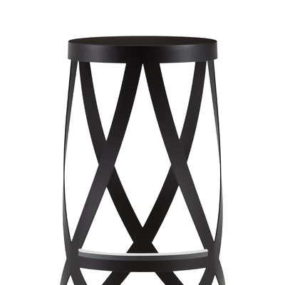 Cappellini Ribbon by Nendo. A black metal accent table features an X-pattern design with a circular top.