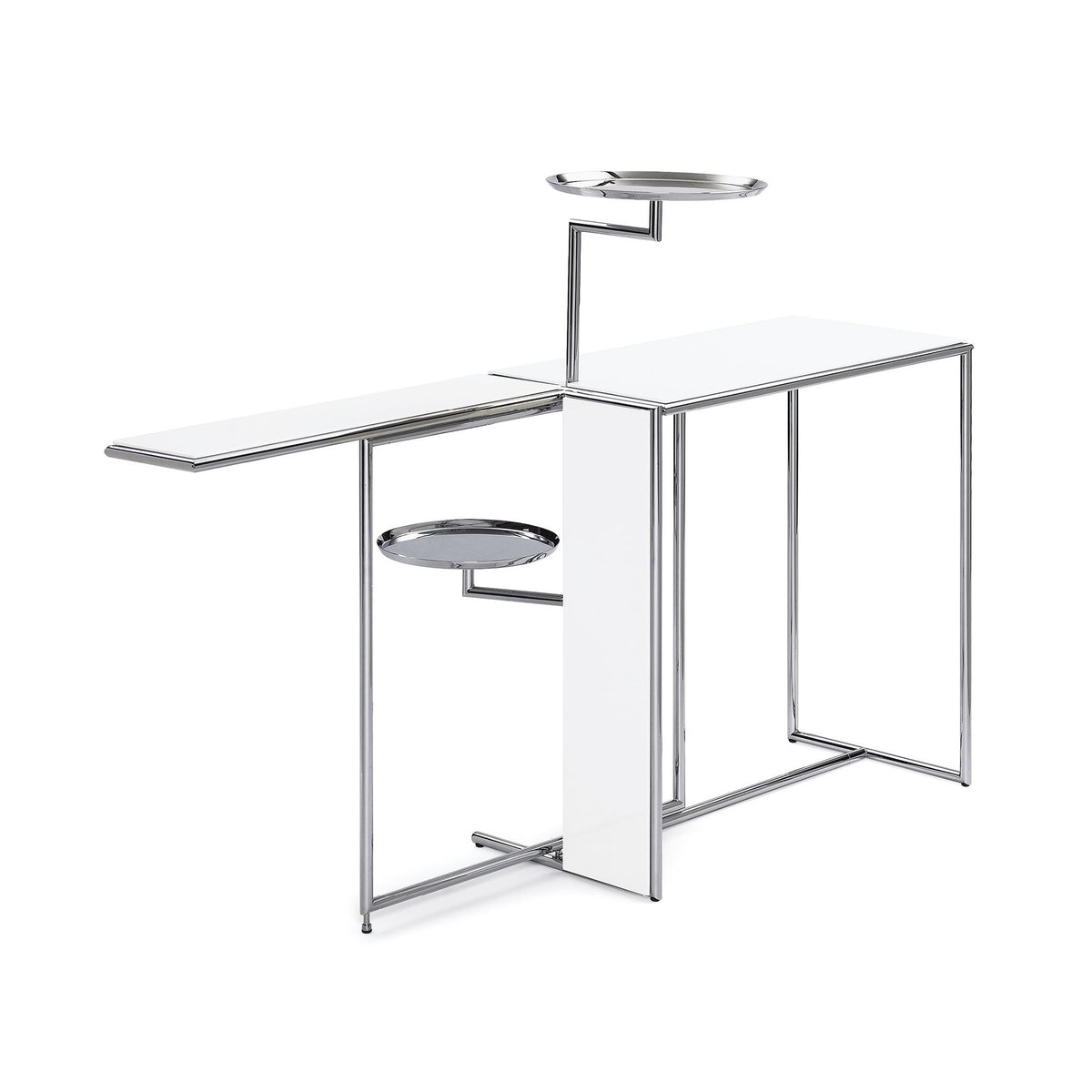ClassiCon Rivoli by Eileen Gray. A modern metal frame structure with white shelves and polished chrome accents.