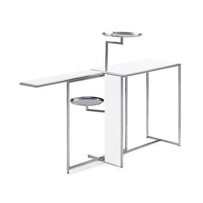ClassiCon Rivoli by Eileen Gray. A modern metal frame structure with white shelves and polished chrome accents.