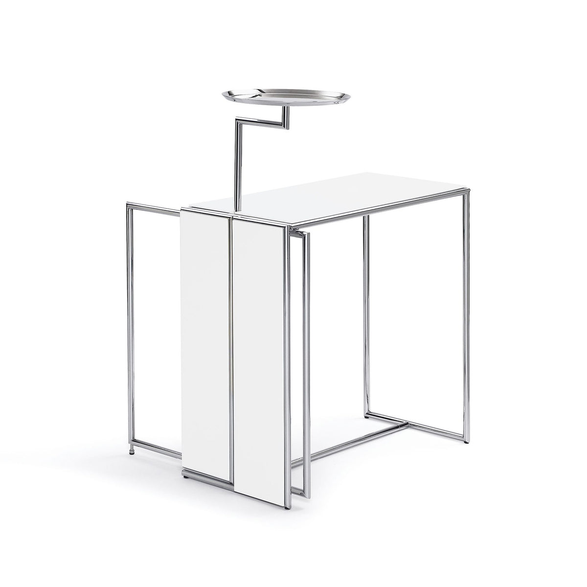 ClassiCon Rivoli by Eileen Gray. A modern chrome and white surface desk with an overhead shelf accessory.
