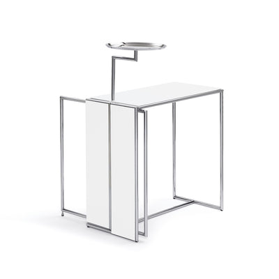 ClassiCon Rivoli by Eileen Gray. A modern chrome and white surface desk with an overhead shelf accessory.