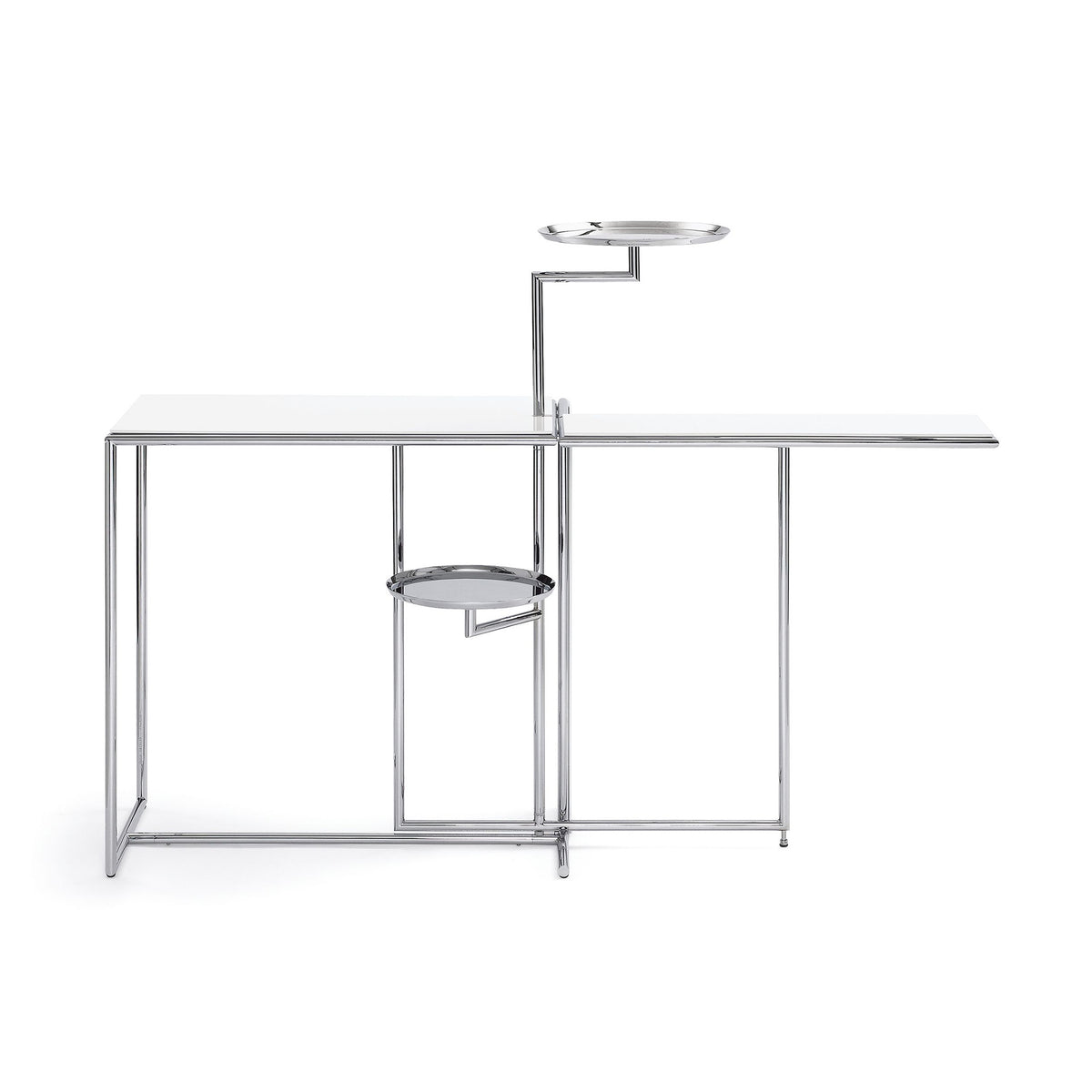 ClassiCon Rivoli by Eileen Gray. A sleek chrome and glass bar counter features a modern minimalist design with clean lines.