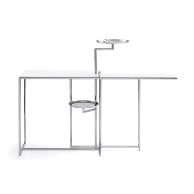 ClassiCon Rivoli by Eileen Gray. A sleek chrome and glass bar counter features a modern minimalist design with clean lines.