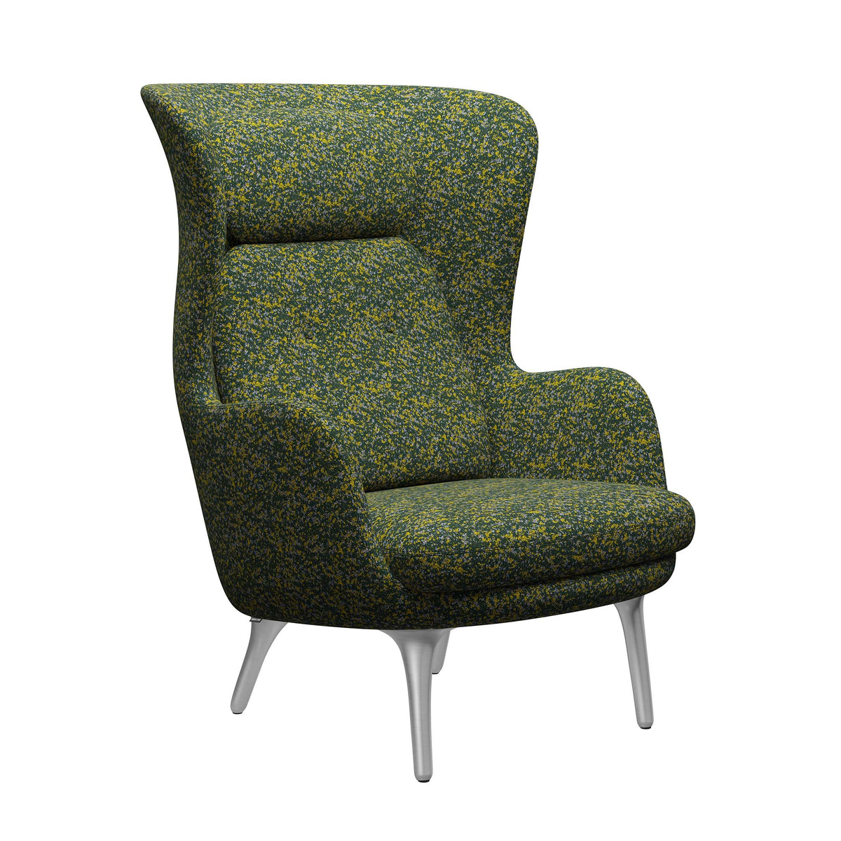 Fritz Hansen Ro™ JH1 Mixed Upholstery by Jaime Hayon. Green and yellow speckled fabric chair with silver legs.