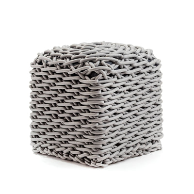 COVO Robusto Pouf by Rosanna Contadini. A chunky gray woven cube made from thick twisted rope material.