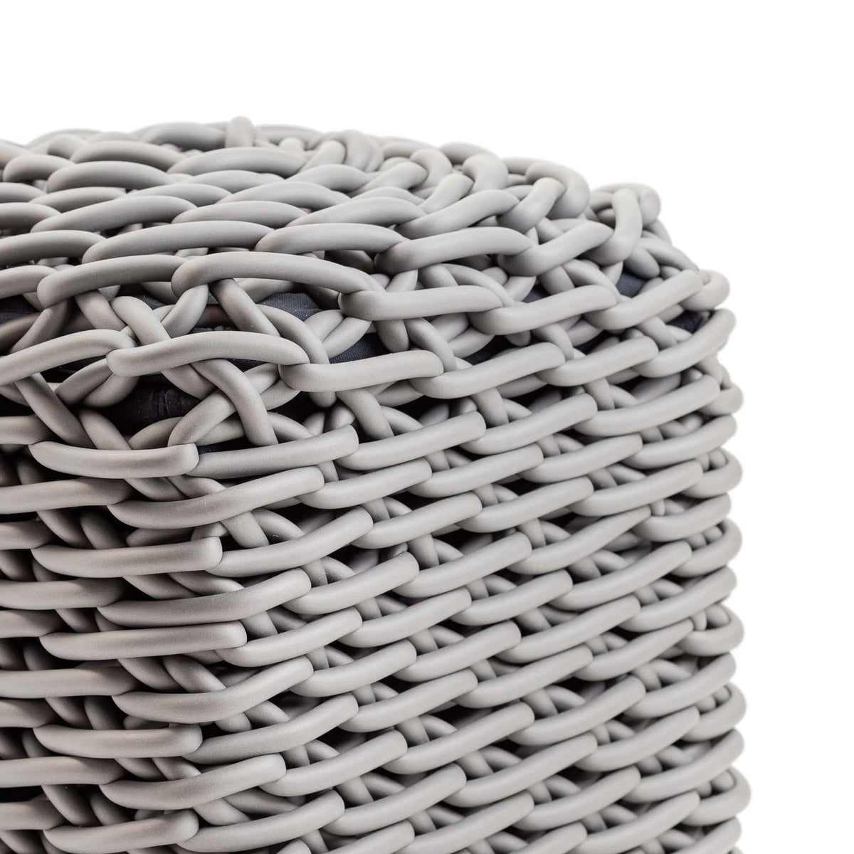 COVO Robusto Pouf by Rosanna Contadini. Thick gray woven rope coils stack in neat, textured layers.