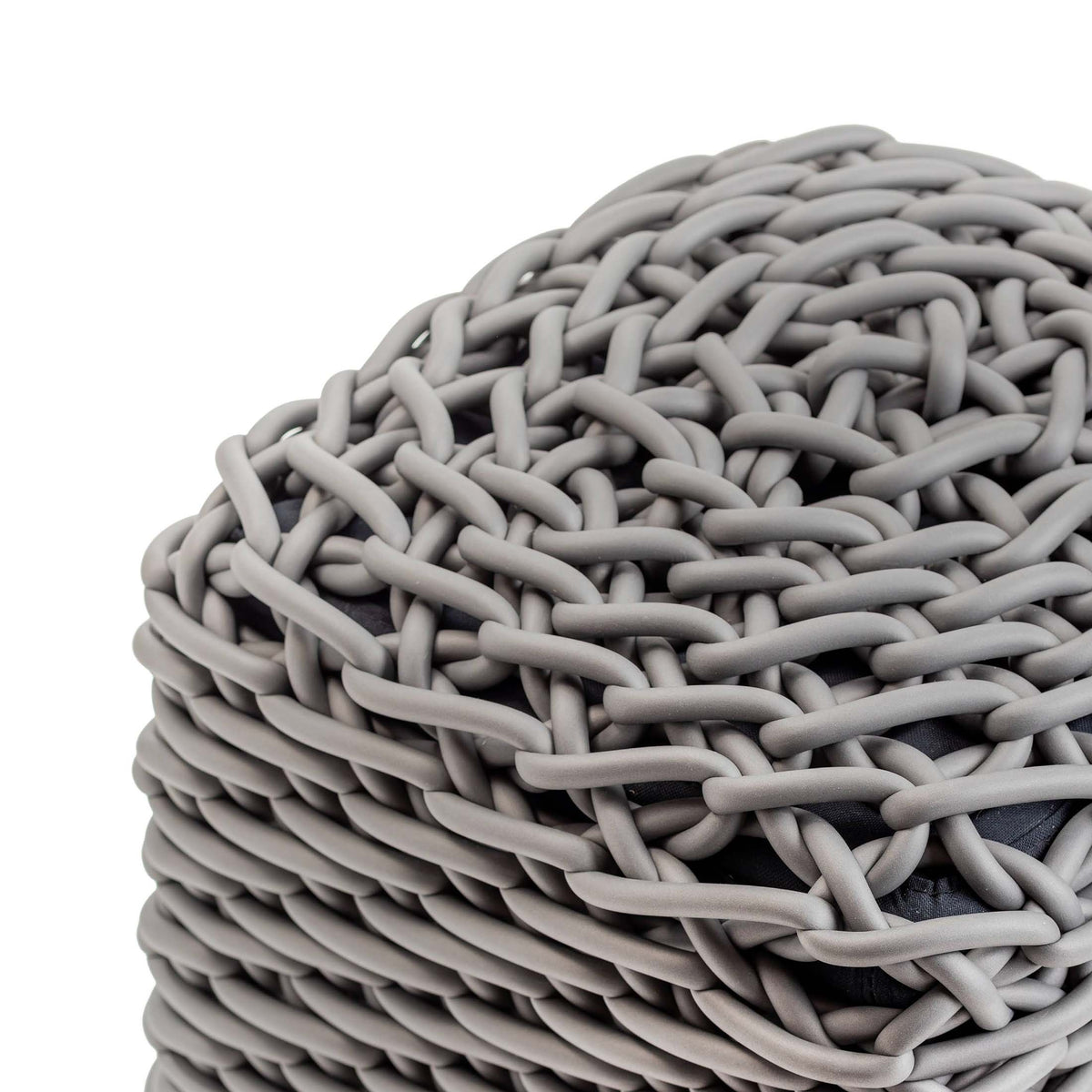 COVO Robusto Pouf by Rosanna Contadini. Thick grey braided rope coils in a dense, textured pattern.