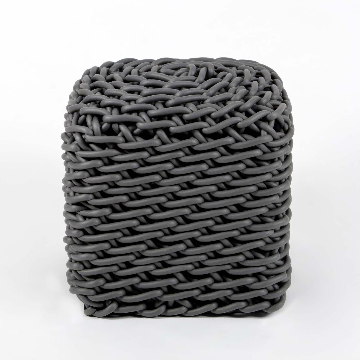 COVO Robusto Pouf by Rosanna Contadini. A gray woven rope pouf sits against a clean white background.