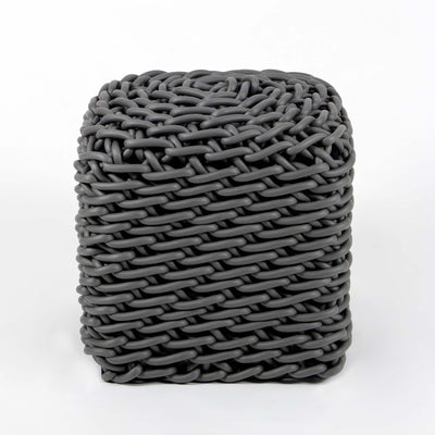 COVO Robusto Pouf by Rosanna Contadini. A gray woven rope pouf sits against a clean white background.