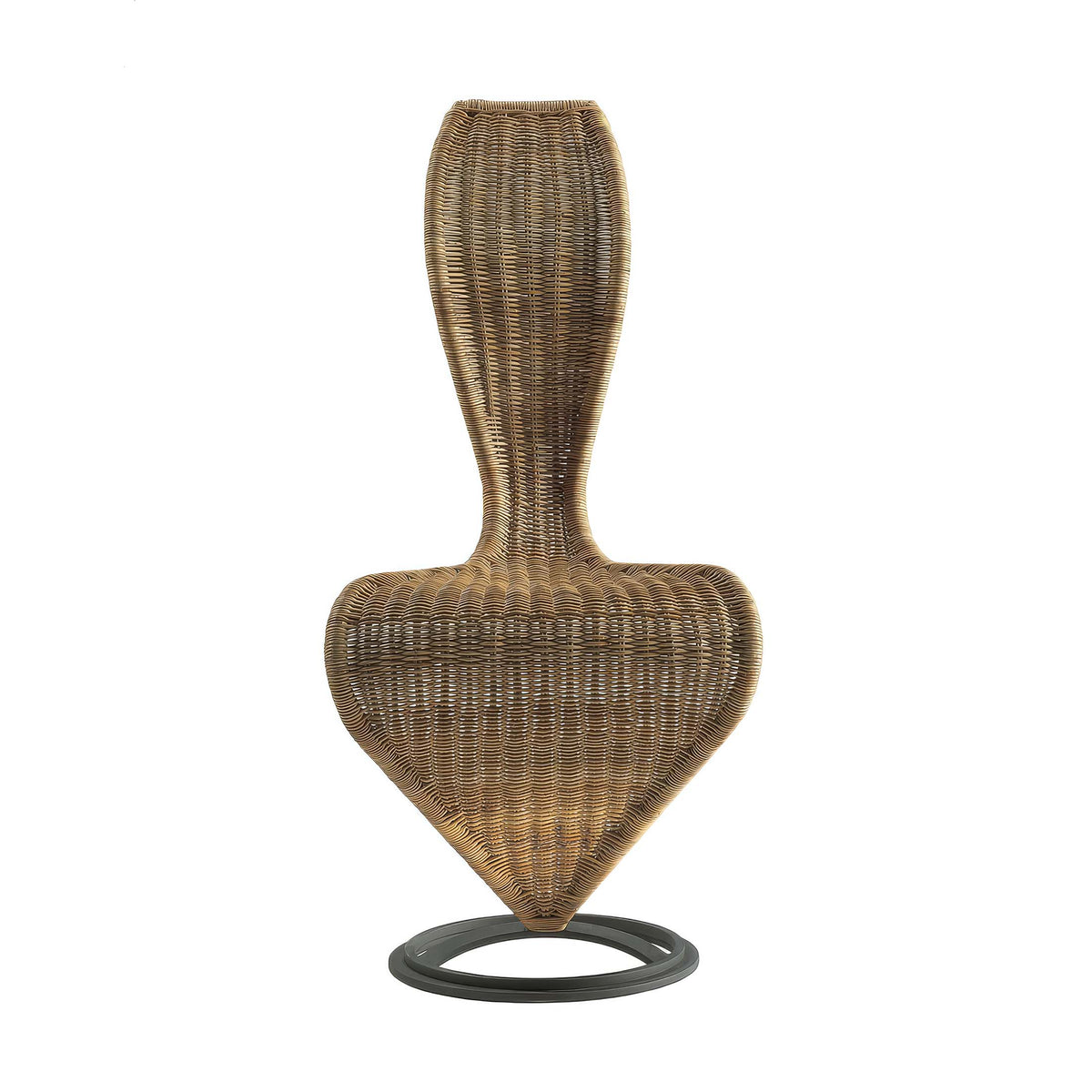 Cappellini S Chair by Tom Dixon. A woven wicker vase with a heart-shaped base and narrow neck stands on a dark metal ring.