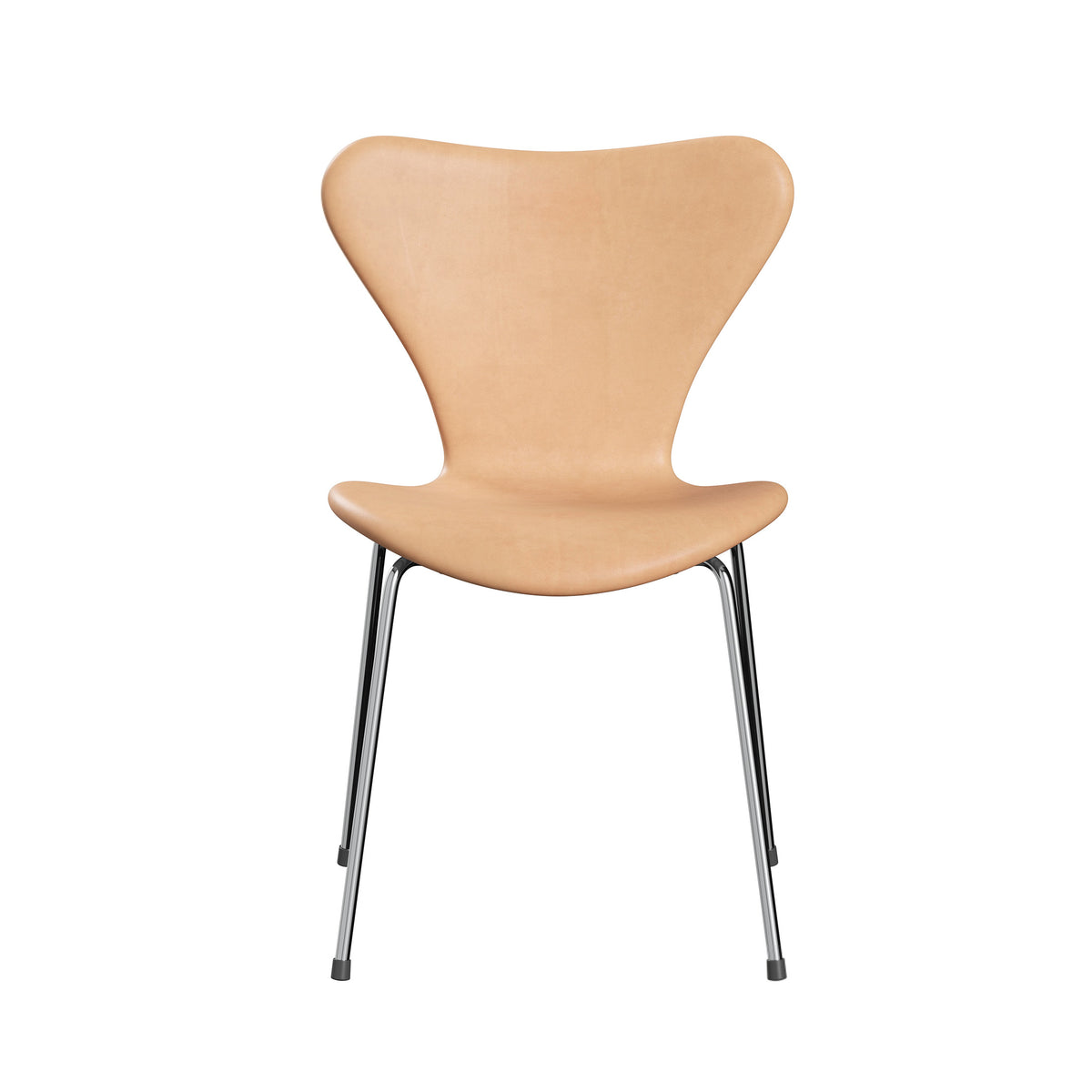 Fritz Hansen Series 7™ Chair 3107 by Arne Jacobsen. A beige curved chair with chrome metal legs on white background.
