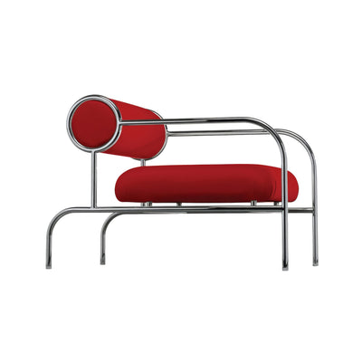 Cappellini Sofa with Arms by Shiro Kuramata. A bold red cushioned chair with a polished chrome metal frame structure.