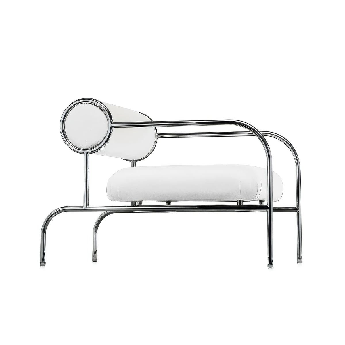 Cappellini Sofa with Arms by Shiro Kuramata. Chrome metal frame with white cushioned seat and backrest.