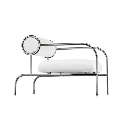 Cappellini Sofa with Arms by Shiro Kuramata. Chrome metal frame with white cushioned seat and backrest.
