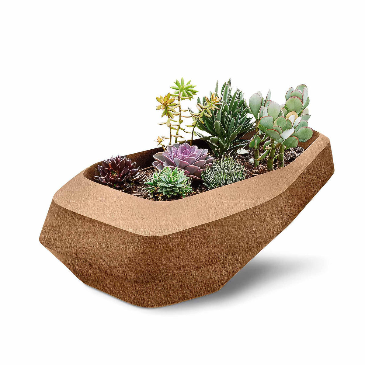 Indigenus Steen by Stefan Antoni and Greg Truen. A tan fabric planter holds colorful succulents in soil.