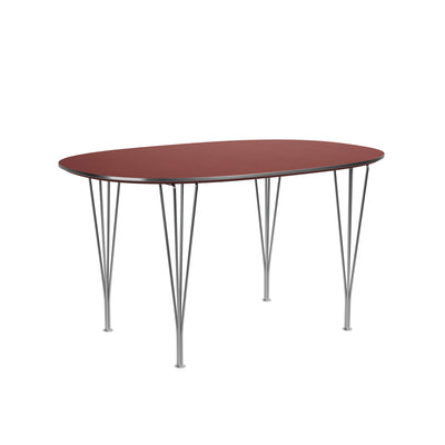 Fritz Hansen Superellipse™ B611 Table by Piet Hein. A burgundy oval tabletop sits atop slender metal legs.