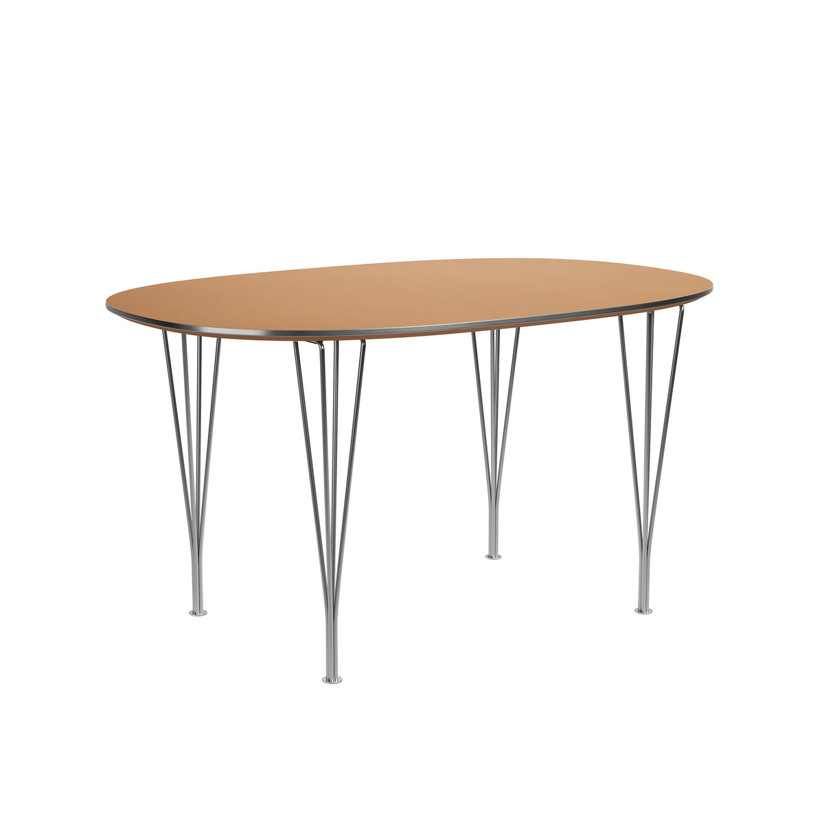 Fritz Hansen Superellipse™ B611 Table by Piet Hein. A tan oval tabletop rests on slender metal legs in a minimalist design.
