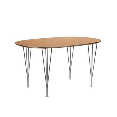 Fritz Hansen Superellipse™ B611 Table by Piet Hein. A tan oval tabletop rests on slender metal legs in a minimalist design.