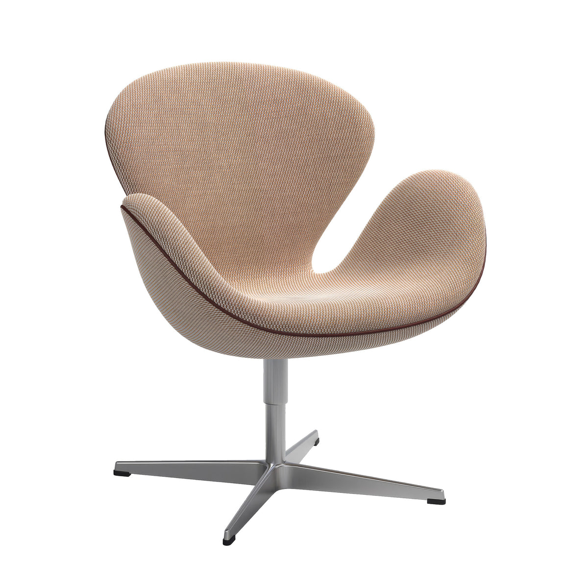 Fritz Hansen Swan™ Chair by Arne Jacobsen. A beige upholstered chair with curved arms sits on a metallic four-legged base.