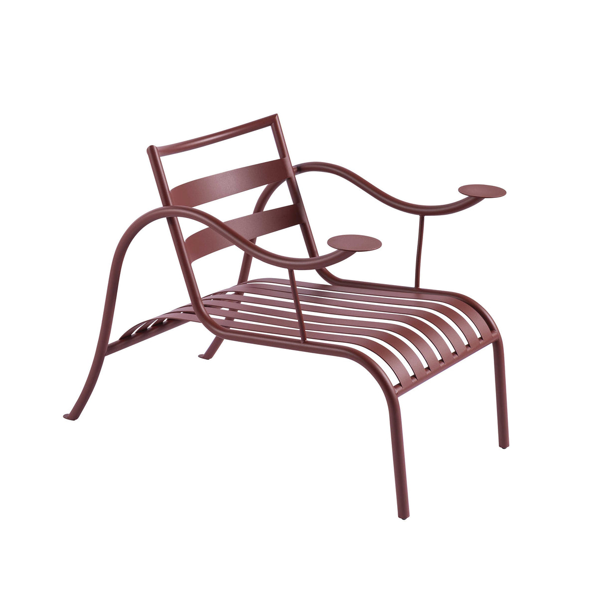 Cappellini Thinking Man's Chair by Jasper Morrison. A burgundy metal chair with curved armrests and slatted seat.
