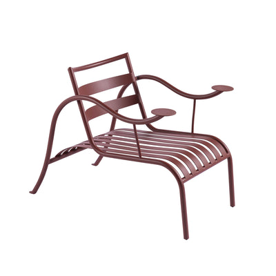 Cappellini Thinking Man's Chair by Jasper Morrison. A burgundy metal chair with curved armrests and slatted seat.