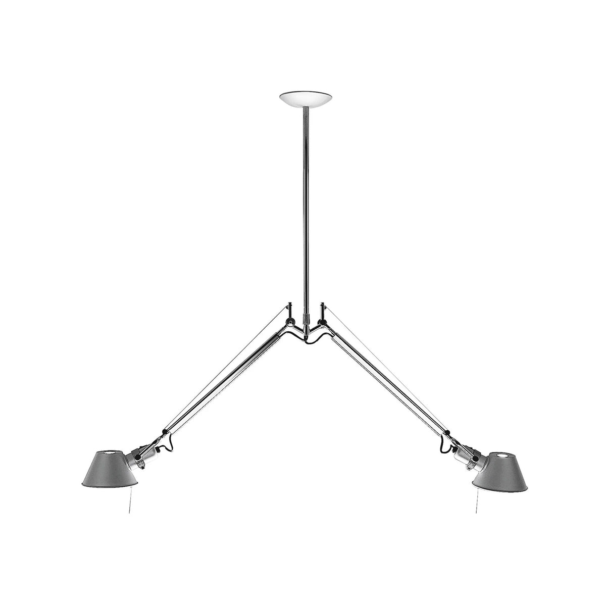 Artemide Tolomeo Due Bracci Suspension by Michele De Lucchi. Two gray cone shades hang from adjustable chrome arms.