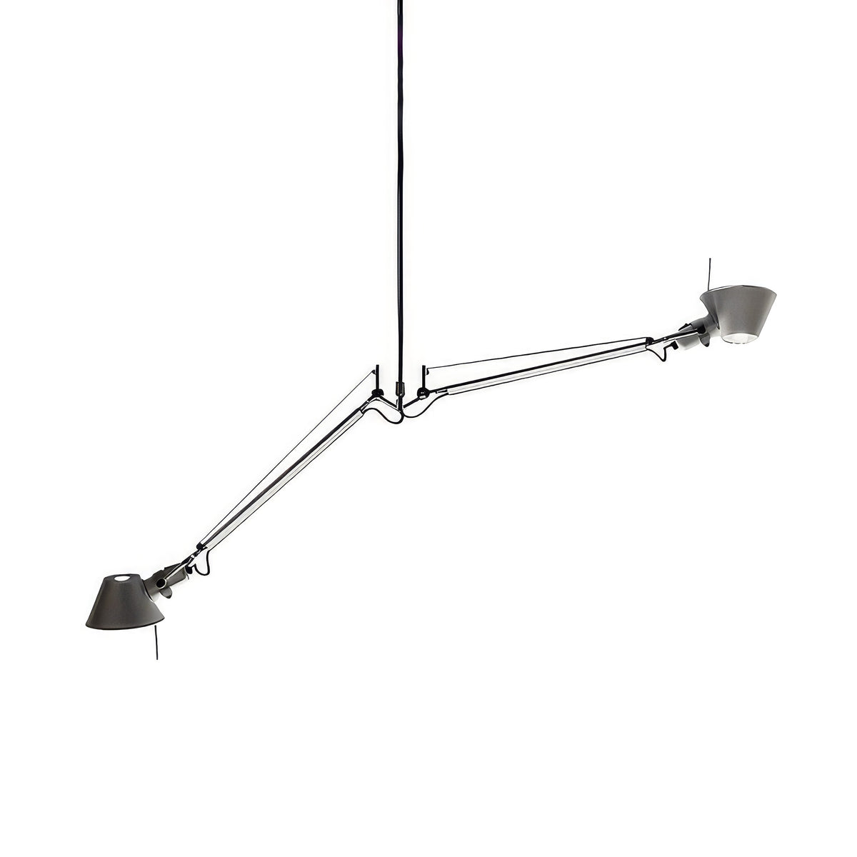 Artemide Tolomeo Due Bracci Suspension by Michele De Lucchi. Black and gray metal pendant lamp with adjustable arms.