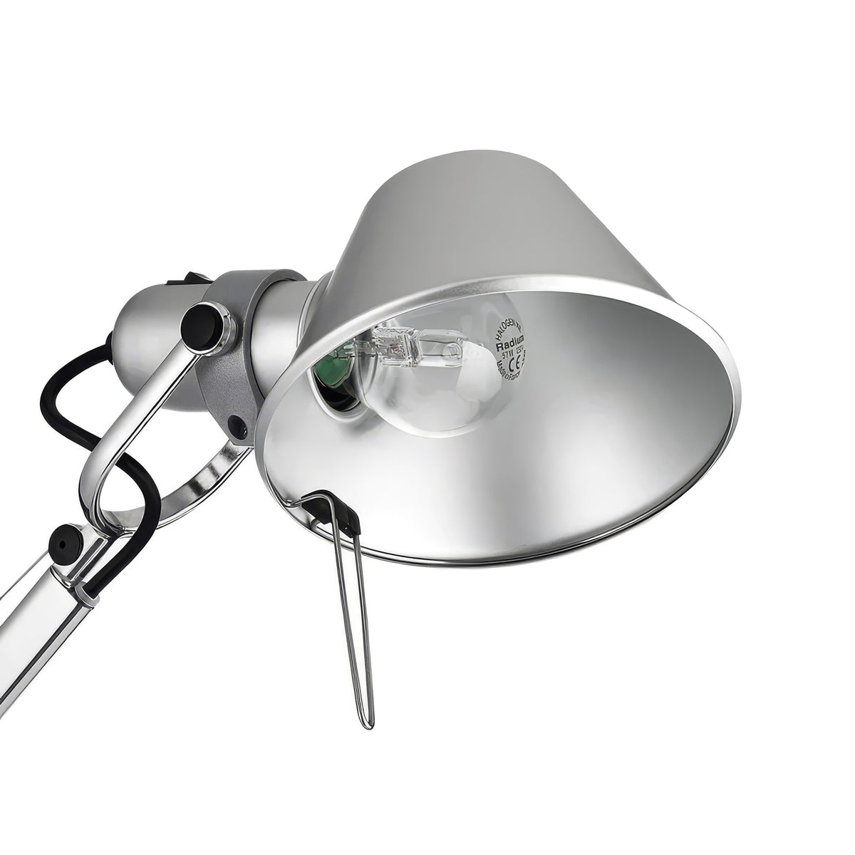 Artemide Tolomeo Table by Michele De Lucchi. A sleek silver metal desk lamp with articulated arm and reflective dome shade.