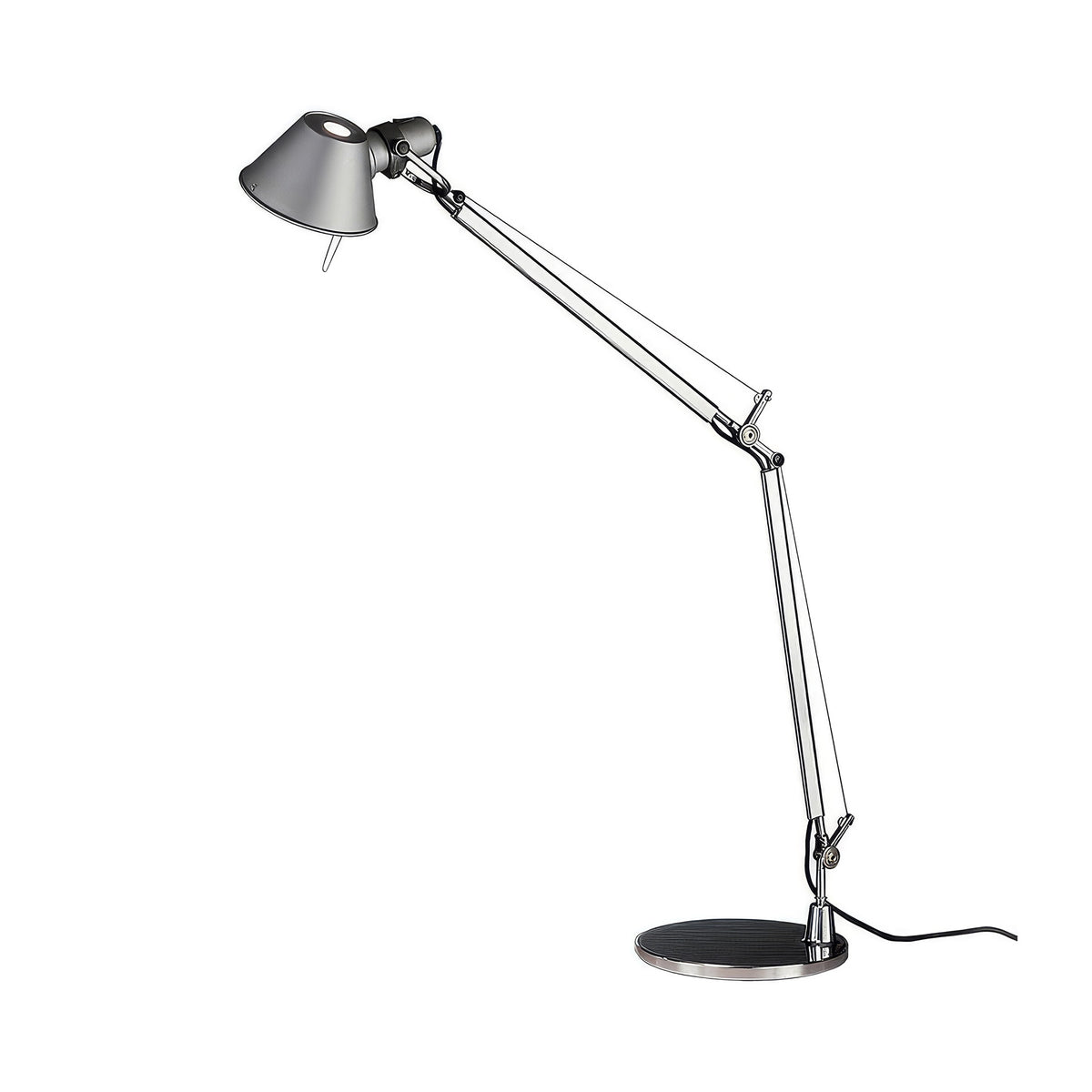 Artemide Tolomeo Table by Michele De Lucchi. A metallic desk lamp with an adjustable arm and dome shade.