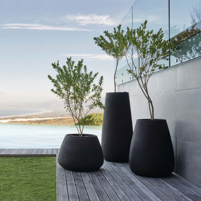 Indigenus Tuber by Haldane Martin. Three black tapered planters with green plants on a wooden deck overlooking water.