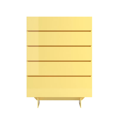 Cappellini Uni Notte by Piero Lissoni. A pale yellow cabinet with wooden shelves and splayed legs.