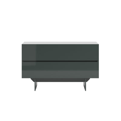 Cappellini Uni Notte by Piero Lissoni. A dark gray modern nightstand with two drawers sits on angled legs.