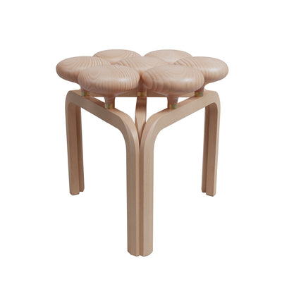Fritz Hansen JU01™ Utzon Stool by Jørn Utzon. A light wood stool with rounded mushroom-shaped seats and curved legs.