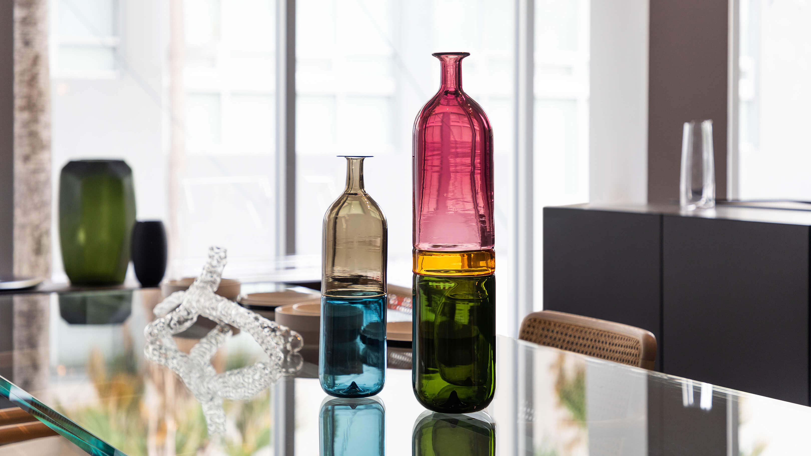 Violet & Tea & Apple Green / Desktop / BlackMenu / Bolle Bottles, designed by Tapio Wirkkala