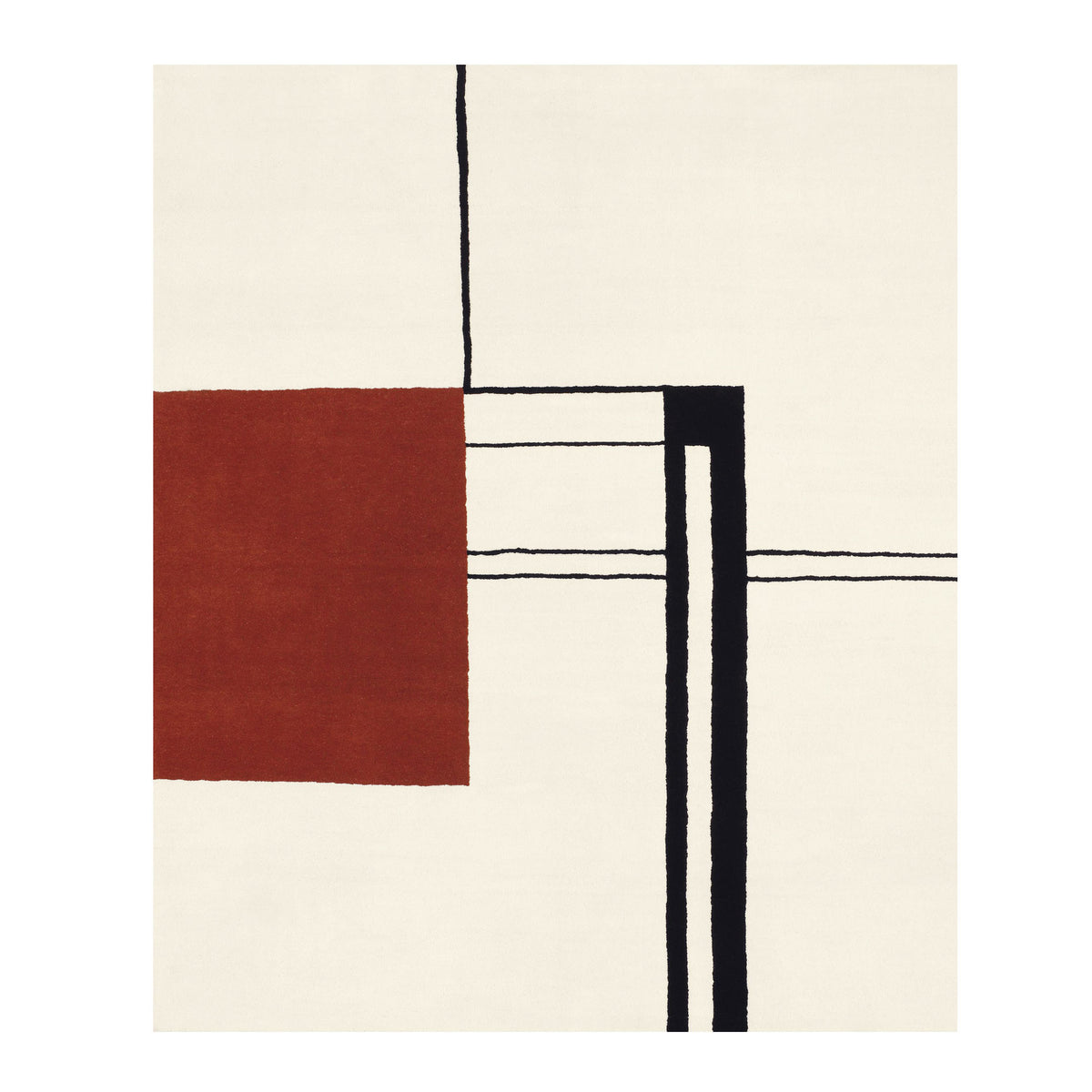 ClassiCon Wendingen Rug by Eileen Gray. A minimalist composition features a red square with black lines on cream background.