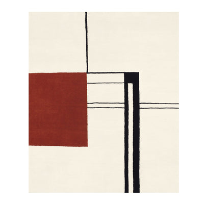 ClassiCon Wendingen Rug by Eileen Gray. A minimalist composition features a red square with black lines on cream background.