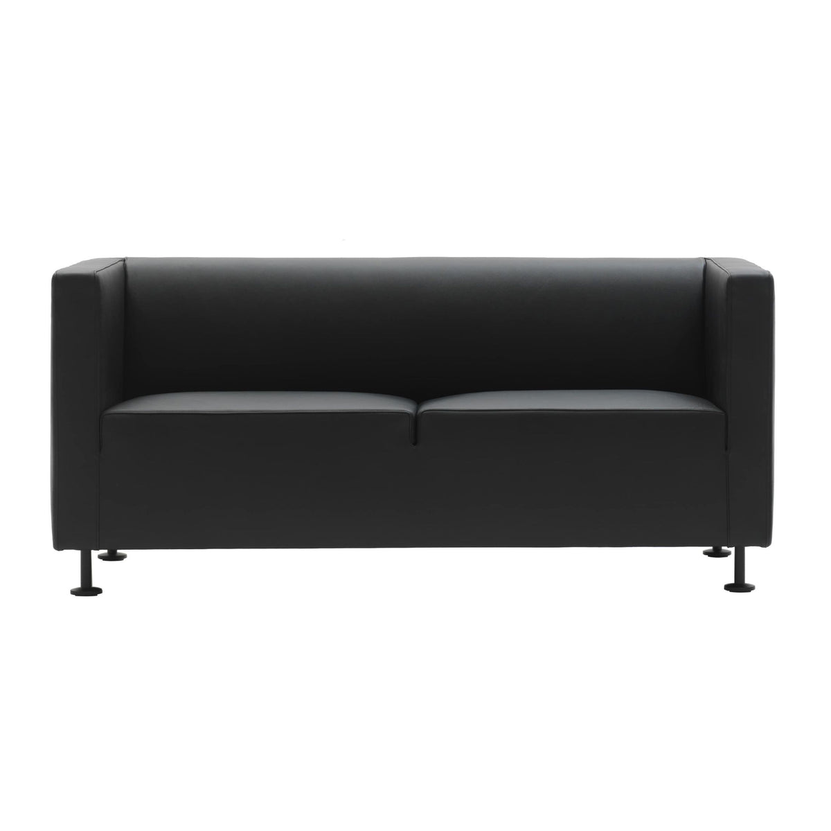 Cappellini Gambetta by Jasper Morrison. A sleek black leather sofa with metal legs sits against a white background.