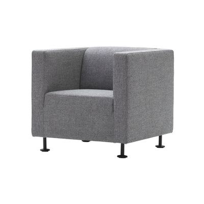 Cappellini Gambetta by Jasper Morrison. A gray upholstered armchair with black metal legs sits against a white background.