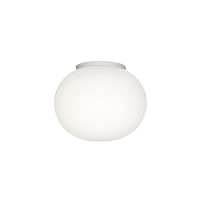 Flos Mini Glo-Ball Ceiling/Wall by Jasper Morrison. A spherical frosted white glass fixture mounted on a brushed metal base.