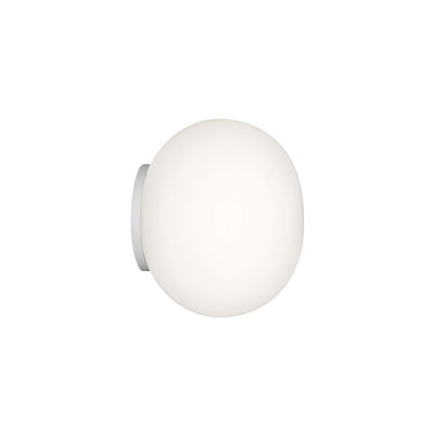Flos Mini Glo-Ball Ceiling/Wall by Jasper Morrison. A frosted white spherical light fixture with a metallic mounting bracket.